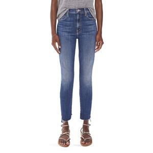 Mother The Stunner Blue Cotton High Waist Frayed Ankle Skinny Denim Jean Size 28